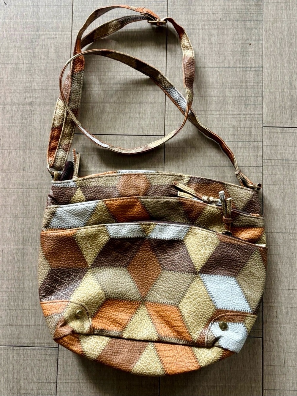 Patchwork Geo Boho Crossbody Bag Orange, Brown, Cream Vegan Faux Leather Purs